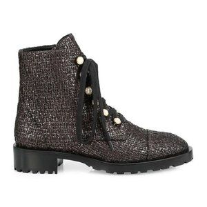 Stuart Weitzman Reysen Metallic Tweed Leather Combat Boots in Coffee 7.5